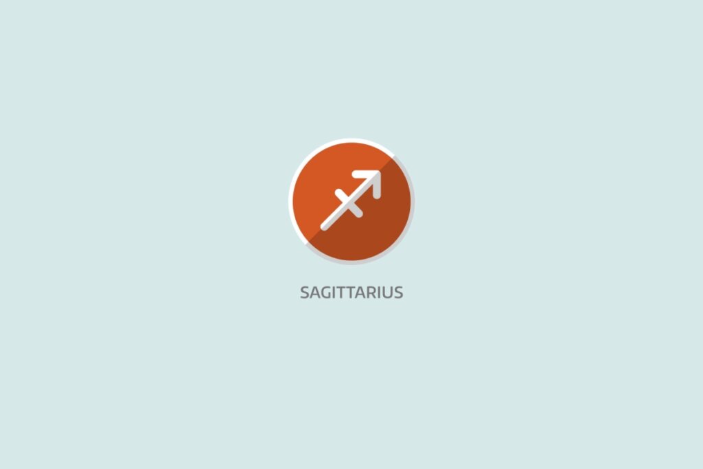 Ilustração em fundo azul-claro com o símbolo do signo de Sagitário dentro de círuclo laranja