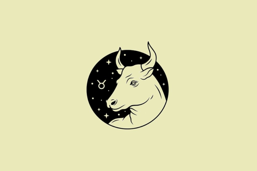 Ilustração do signo de Touro em preto sobre um fundo amarelo 