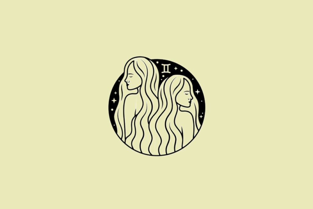 Ilustração do signo de Gêmeos em preto sobre um fundo amarelo