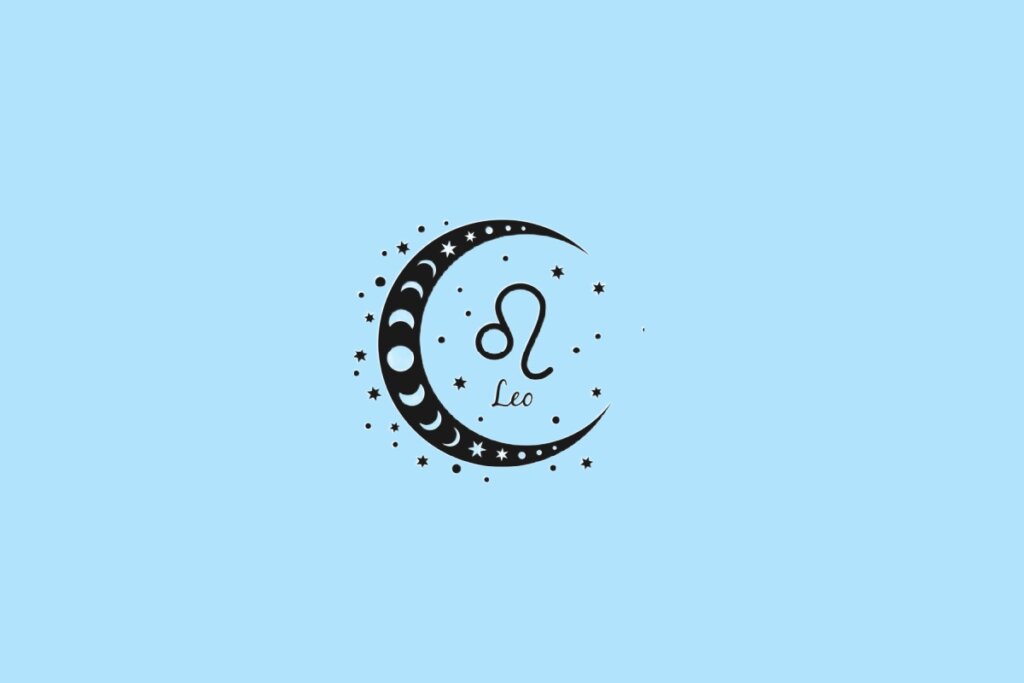 Ícone de Leão com uma curva que lembra a juba de um leão, posicionado dentro de uma lua decorada com fases lunares, sobre fundo azul