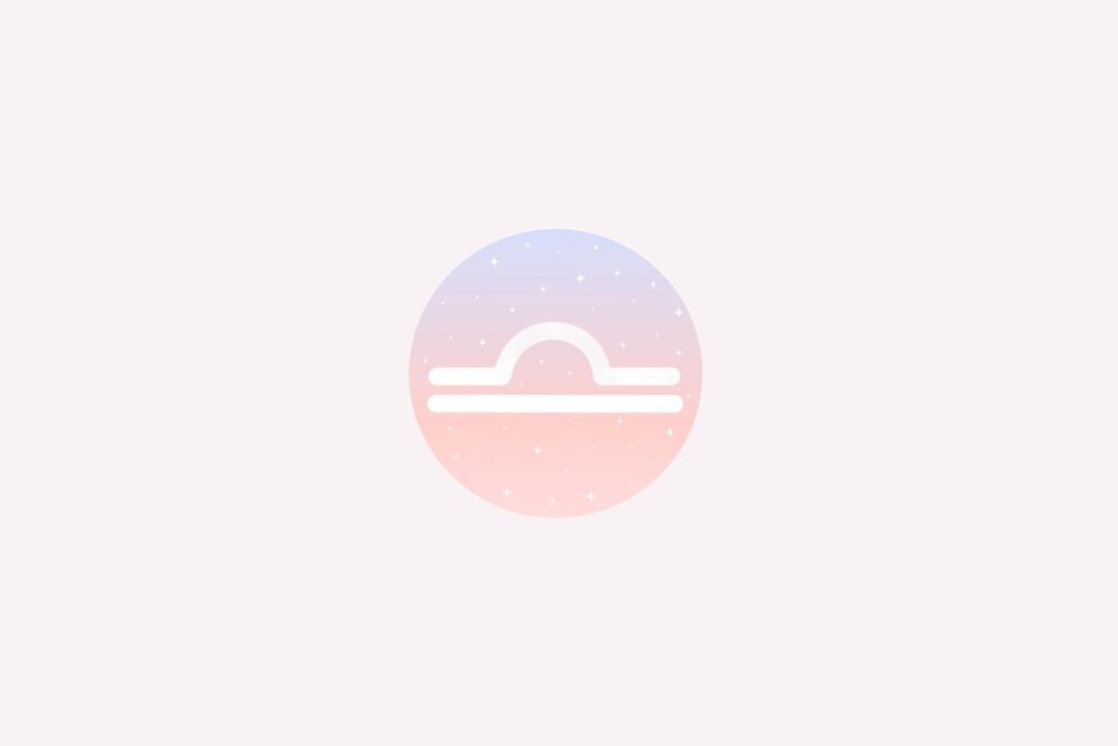 Ilustração do signo de Libra com linha curva sobre reta horizontal branca, em fundo rosa e azul com estrelas
