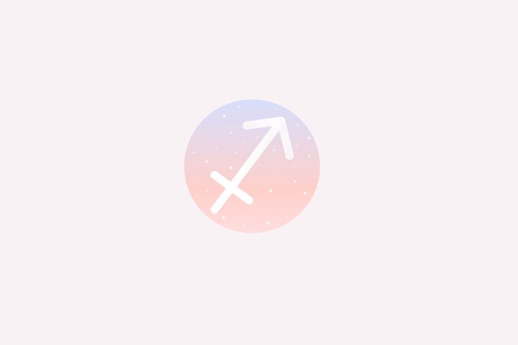 Ilustração do signo de Sagitário com flecha branca inclinada para cima, em fundo rosado