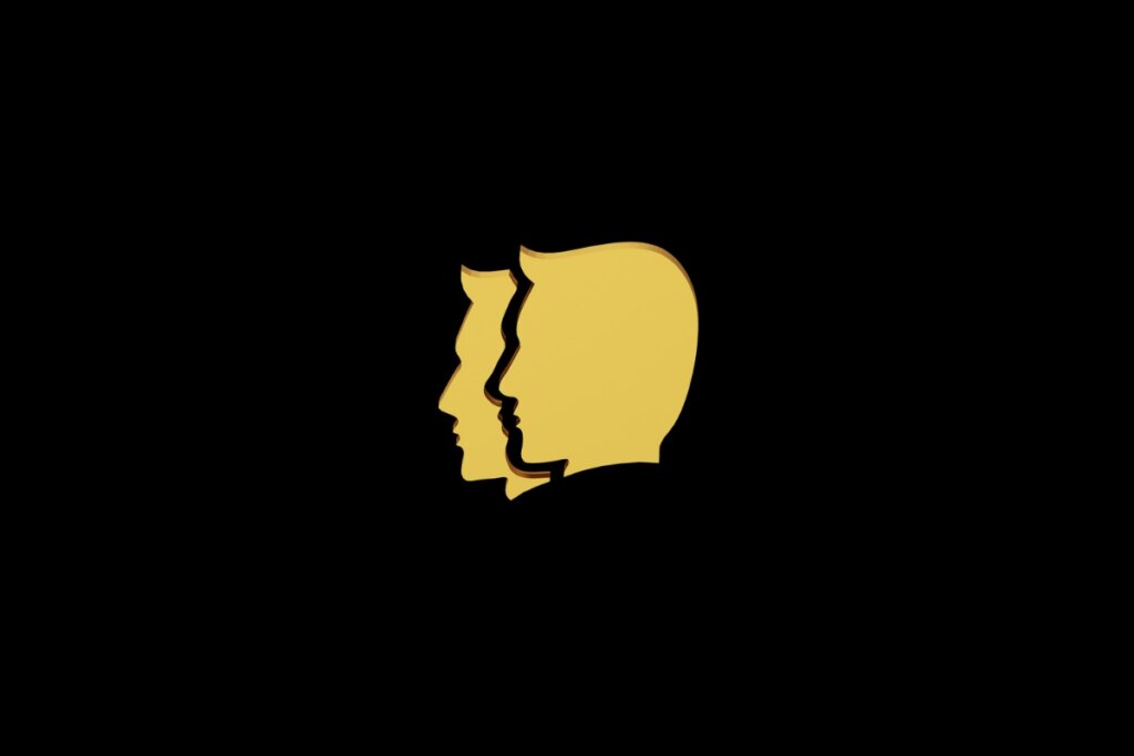 Ilustração do signo de Gêmeos em dourado sobre um fundo preto