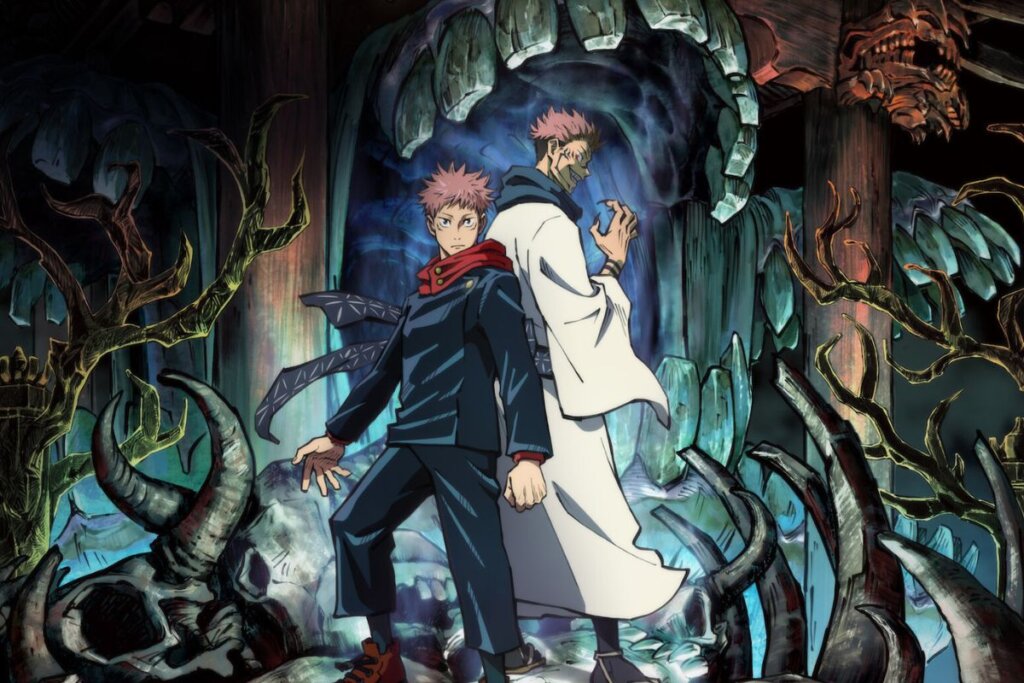Ilustração dos personagens de Jujutsu Kaisen em uma caverna virados um de costas para o outro