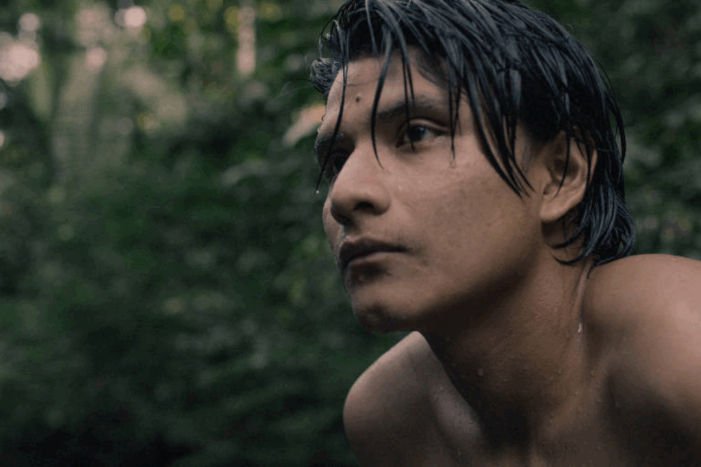 Imagem de um menino indígena em uma floresta em cena do filme "O Território"