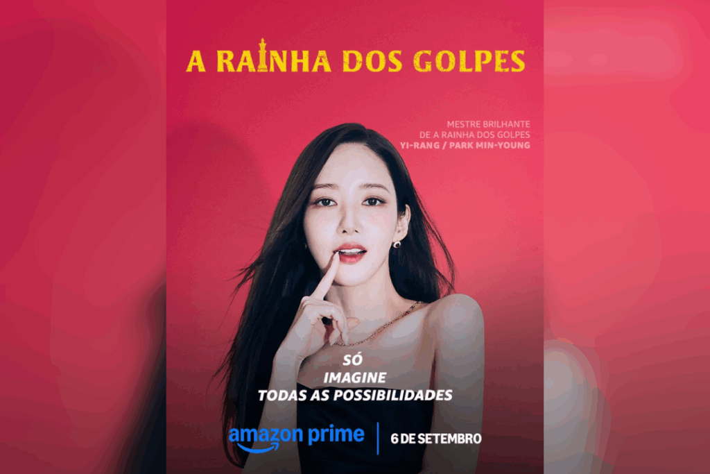 Mulher de vestido preto diante de fundo vermelho com o dedo próximo à boca
