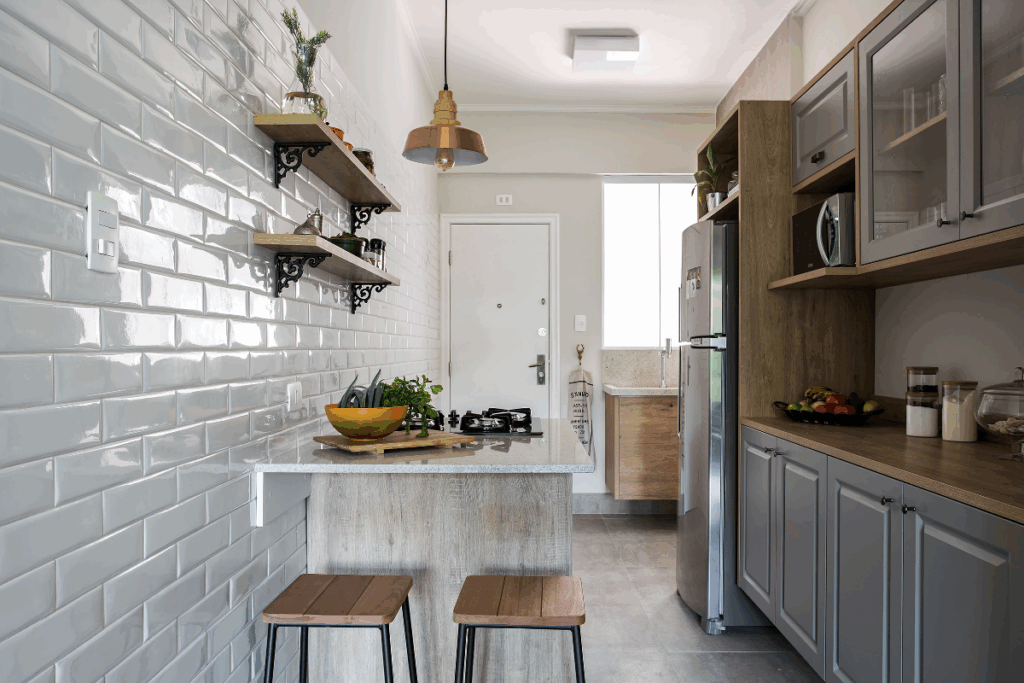 Cozinha com armários em madeira e portas na cor cinza, com bancada de mármore com cooktop e espaço para comer com dois bancos de ferro com assento em madeira e prateleiras na parede de piso branco