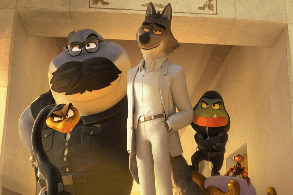 Ilustração de um lobo, usando uma roupa social cinza, e um tubarão, uma cobra, um peixe e uma aranha com roupas pretas