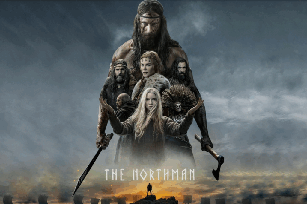 Cartaz de "O Homem do Norte" com guerreiros vikings em destaque sob céu nublado