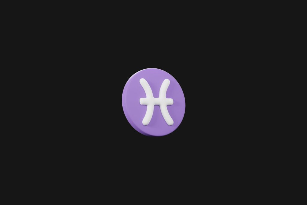 Ilustração do signo de peixes em um círculo roxo e em cima de um fundo preto