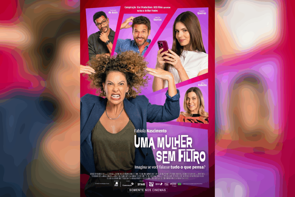 Cartaz de "Uma Mulher Sem Filtro" com Fabiula Nascimento gritando e puxando os cabelos, cercada por fotos dos demais personagens