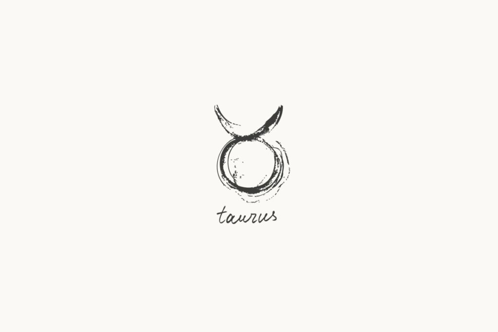 Ilustração do signo de Touro, contendo um círculo com dois traços arqueados voltados para cima representando os chifres, em fundo claro