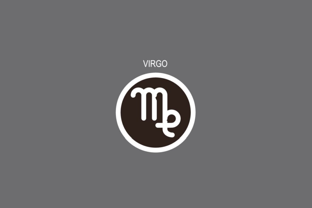 Ilustração do signo de Virgem, contendo o símbolo em formato de “M” com laço lateral, em fundo cinza