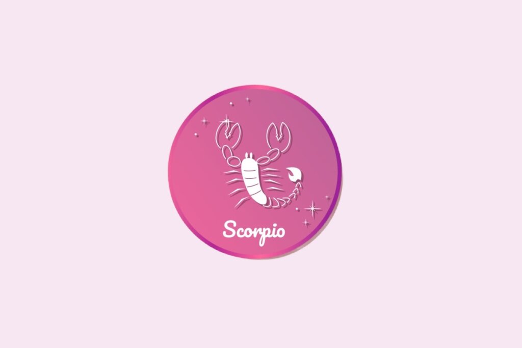 Ilustração do signo de Escorpião, em fundo rosa, contendo o símbolo de um escorpião com cauda curvada, garras abertas e corpo segmentado