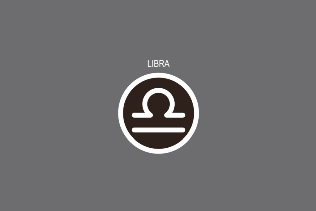 Ilustração do signo de Libra, contendo o símbolo com uma linha reta e um semicírculo acima, em fundo cinza