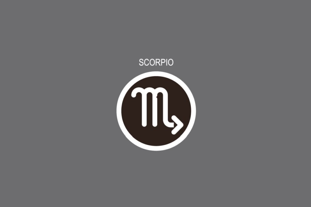 Ilustração do signo de Escorpião, contendo o símbolo em formato de “M” com seta final, em fundo cinza