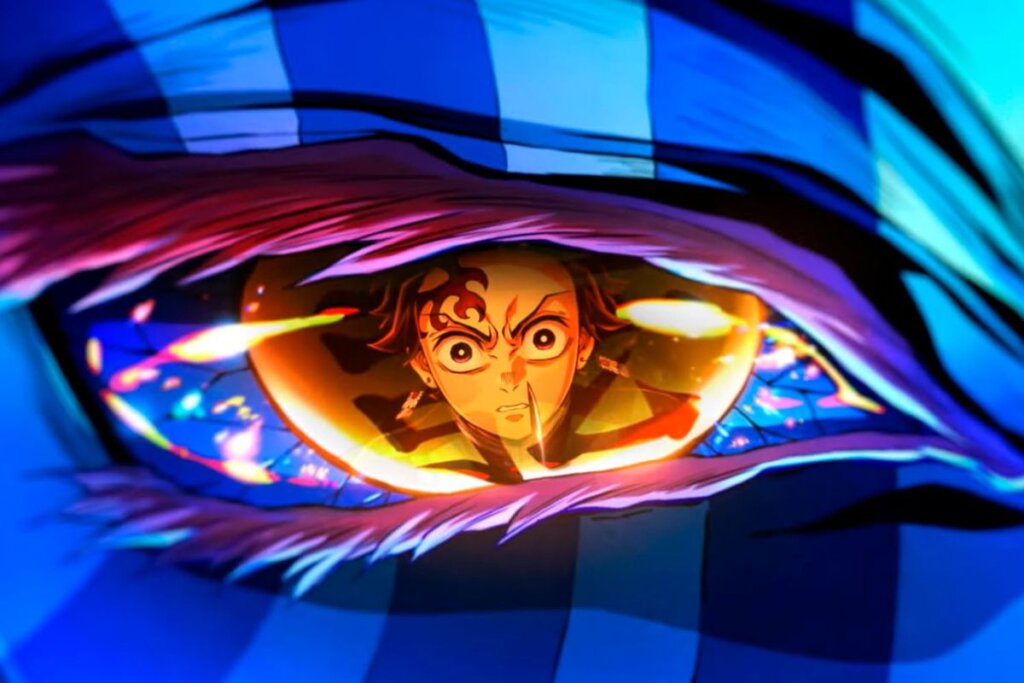 Capa do filme "Demon Slayer: Kimetsu No Yaiba - Castelo Infinito" com a ilustração do protagonista dentro da iris do olho de um demônio azul 