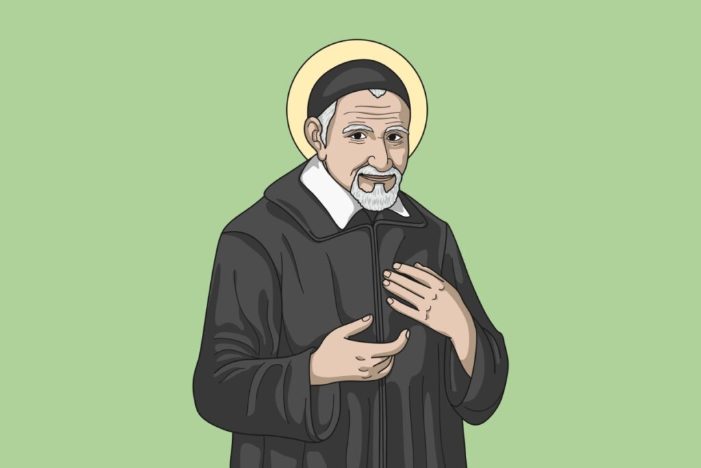 Ilustração de São Vicente de Paulo em um fundo verde usando batina preta