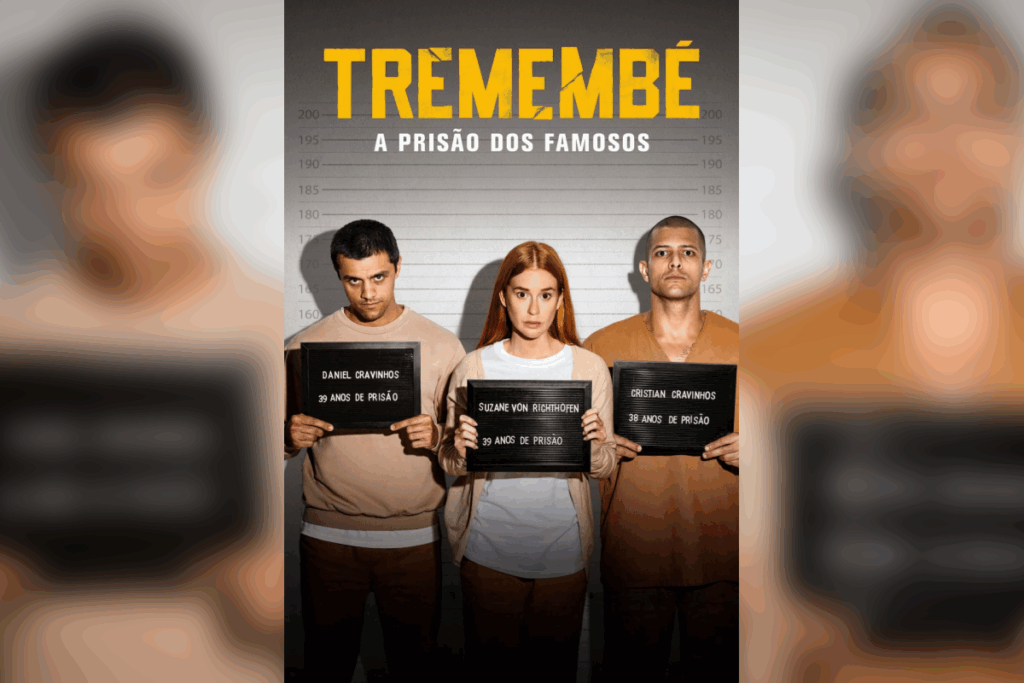 Cartaz da série "Tremembé" mostrando três personagens segurando placas de identificação de presidiários