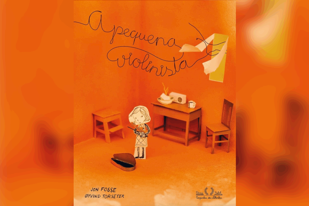 Capa do livro "A pequena violinista" com ilustração de uma menina em papel segurando um violino dentro de um quarto laranja, ao lado de móveis