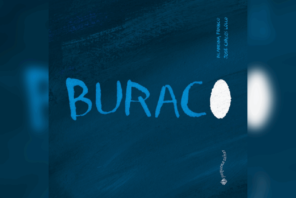 Capa do livro "Buraco", com fundo azul-escuro e a palavra escrita em letras grandes, sendo a letra “O” representada por um círculo branco