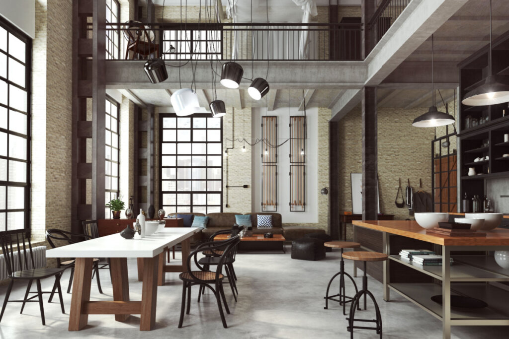 Casa com estilo industrial com mesa, cadeiras, sofá, bancadas