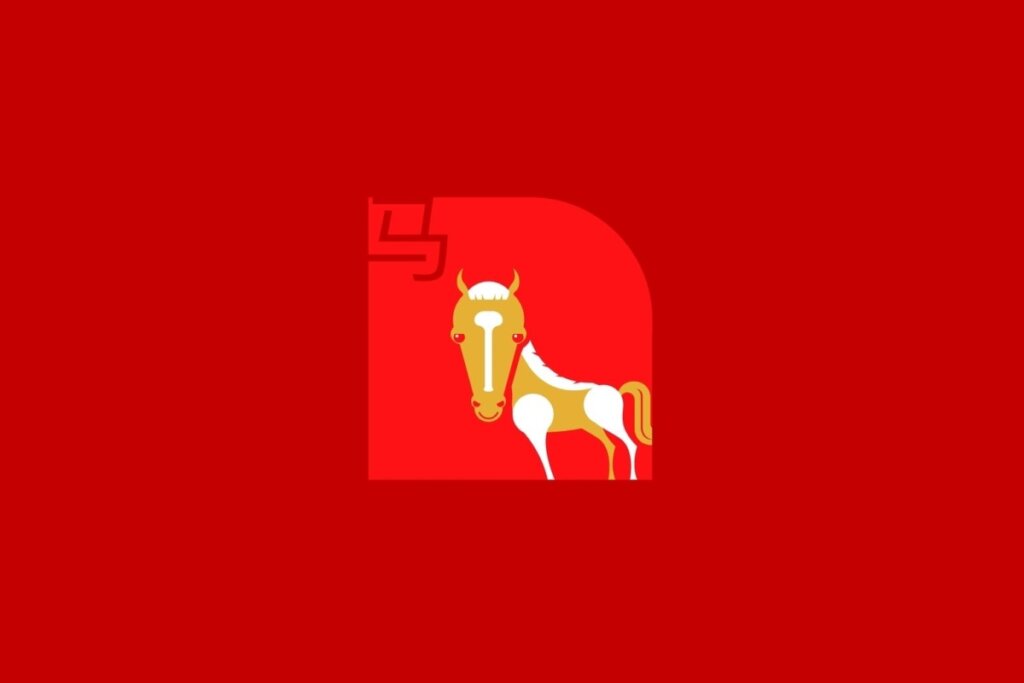 Ilustração do signo de Cavalo, contendo um cavalo amarelo com manchas brancas no corpo e crina clara, em fundo vermelho