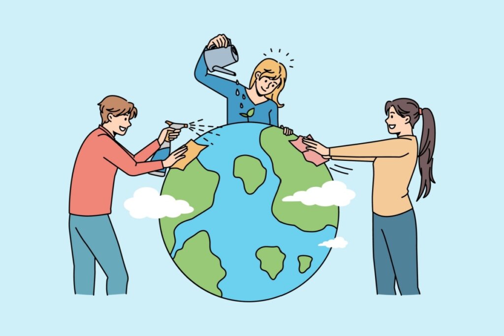 Ilustração de três pessoas cuidando do planeta, uma está limpando, outra regando uma planta e outra passando um pano