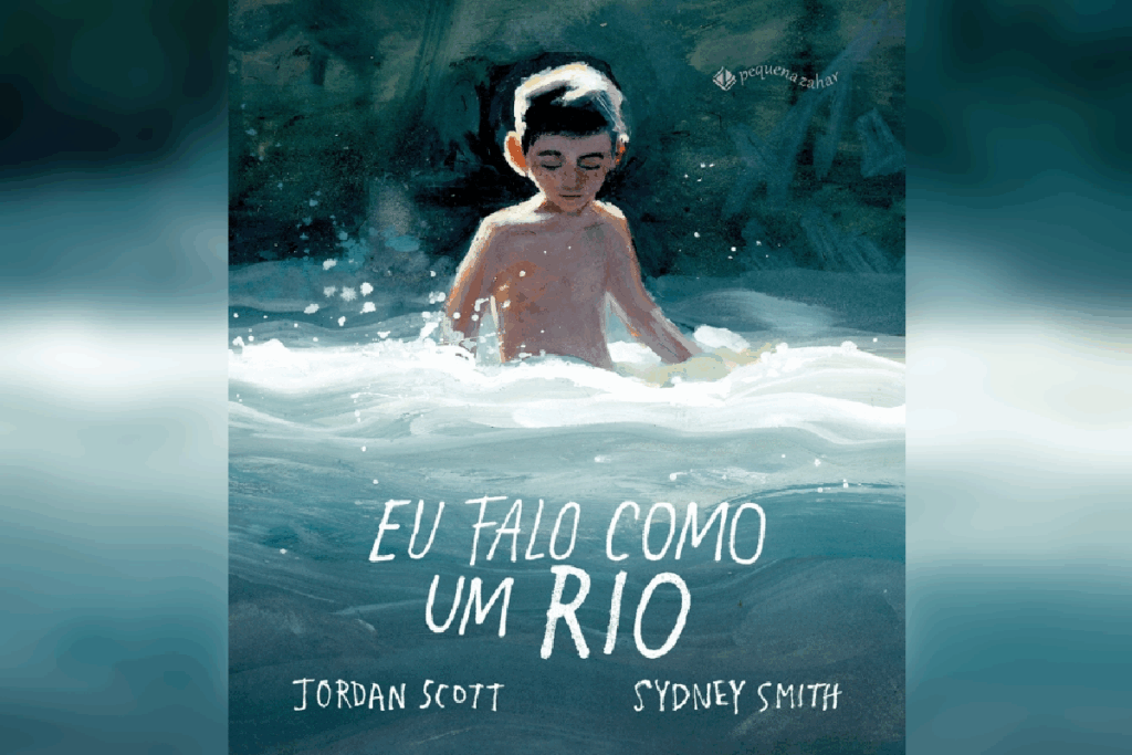 Capa do livro "Eu falo como um rio", que mostra um menino de pele clara, cabelo escuro, dentro de um rio azul
