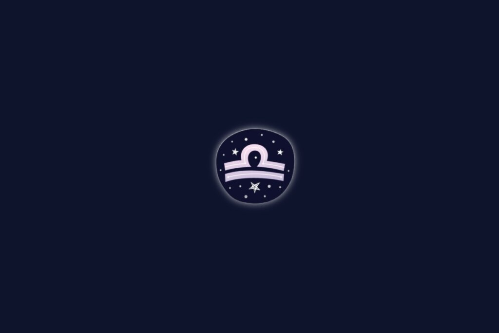 Símbolo do signo de libra na cor branca centralizado sobre um fundo azul-escuro com pequenas estrelas brancas ao redor