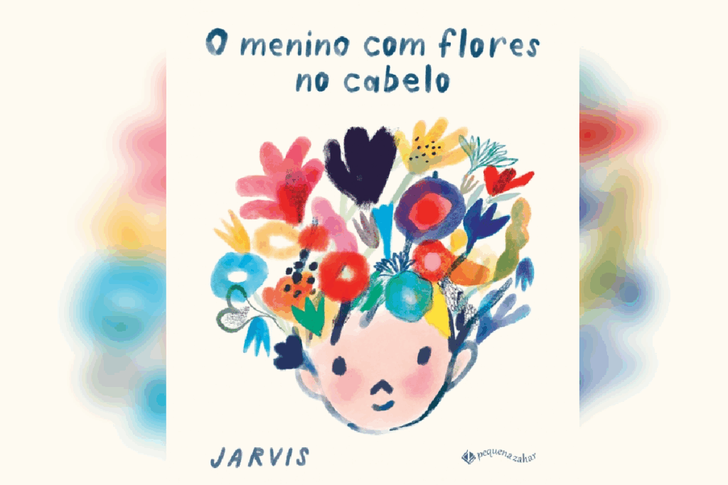 Capa do livro "O menino com flores no cabelo", ilustrada com o rosto de uma criança e o cabelo representado por diversas flores coloridas