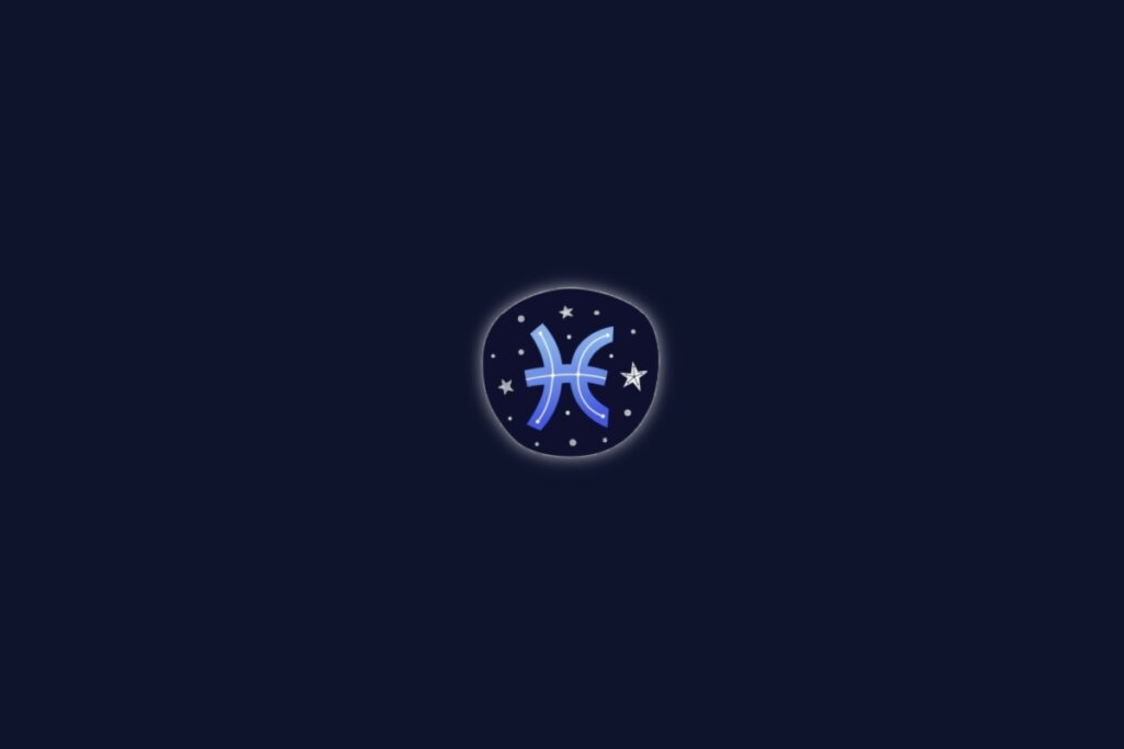 Símbolo do signo de peixes na cor azul centralizado sobre um fundo azul-escuro com pequenas estrelas brancas ao redor