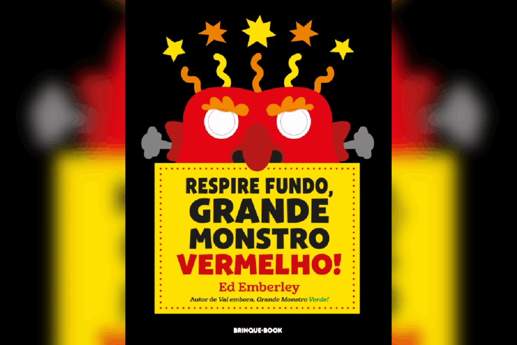 Capa do livro "Respire fundo, grande monstro vermelho!", com fundo amarelo e o rosto de um monstro vermelho de olhos arregalados e expressão furiosa