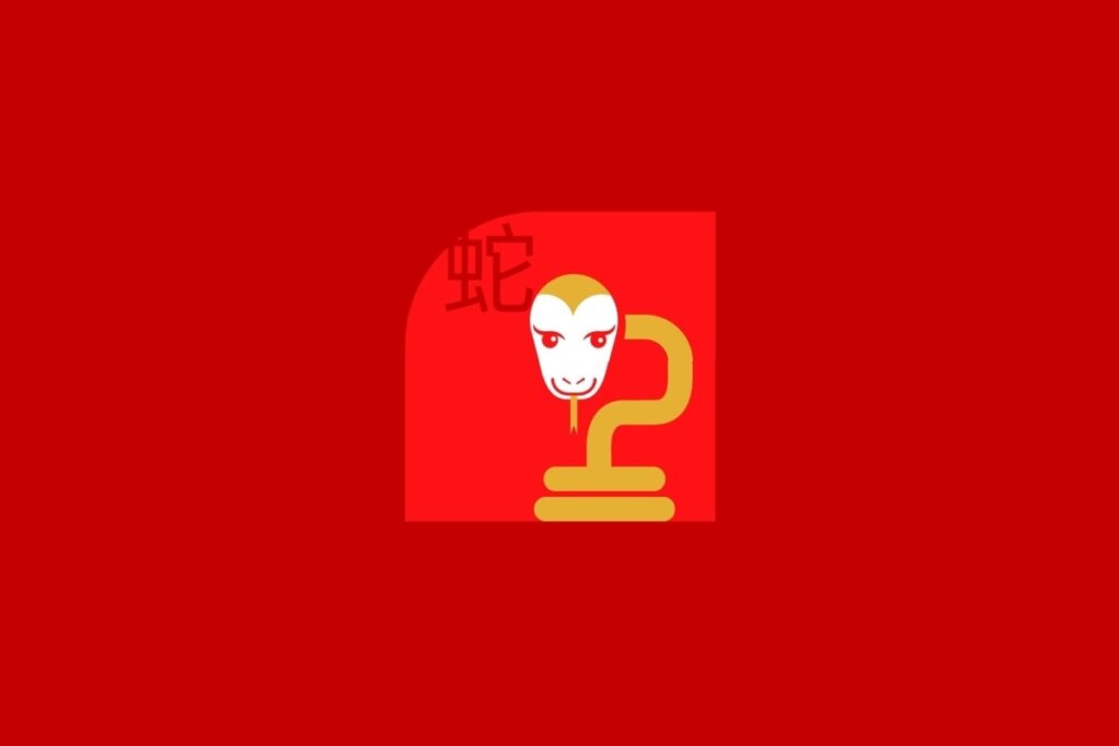 Ilustração do signo de Serpente, contendo uma cobra dourada com cabeça branca e olhar marcante