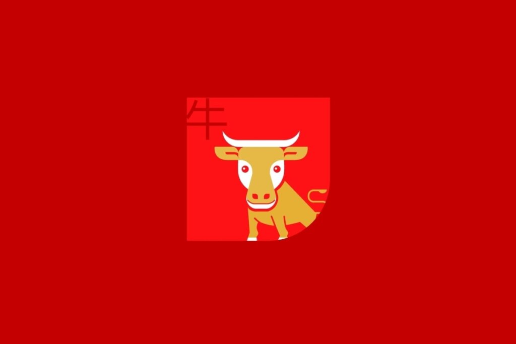 Ilustração do signo de Búfalo, contendo um boi dourado com chifres brancos, em fundo vermelho