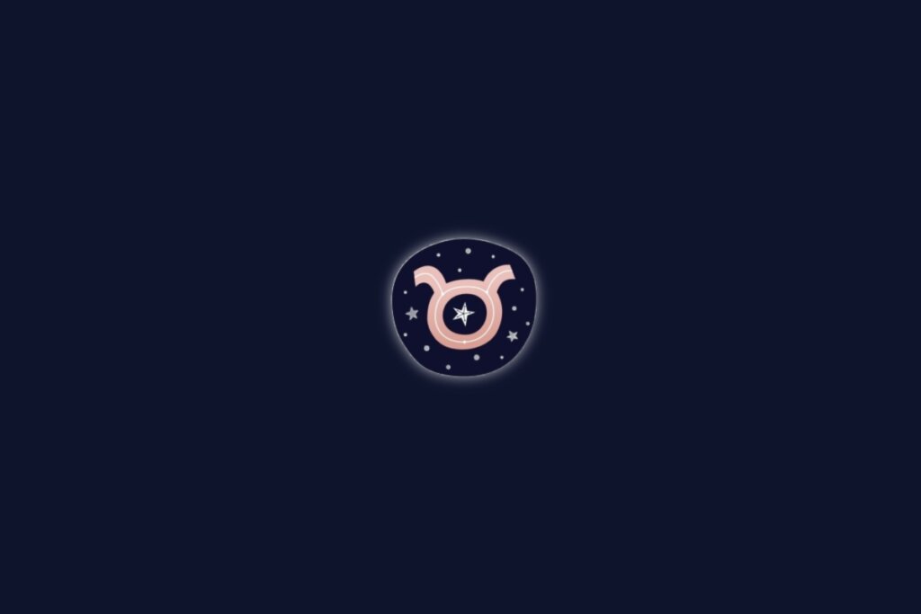 Símbolo do signo de touro na cor laranja centralizado sobre um fundo azul-escuro com pequenas estrelas brancas ao redor