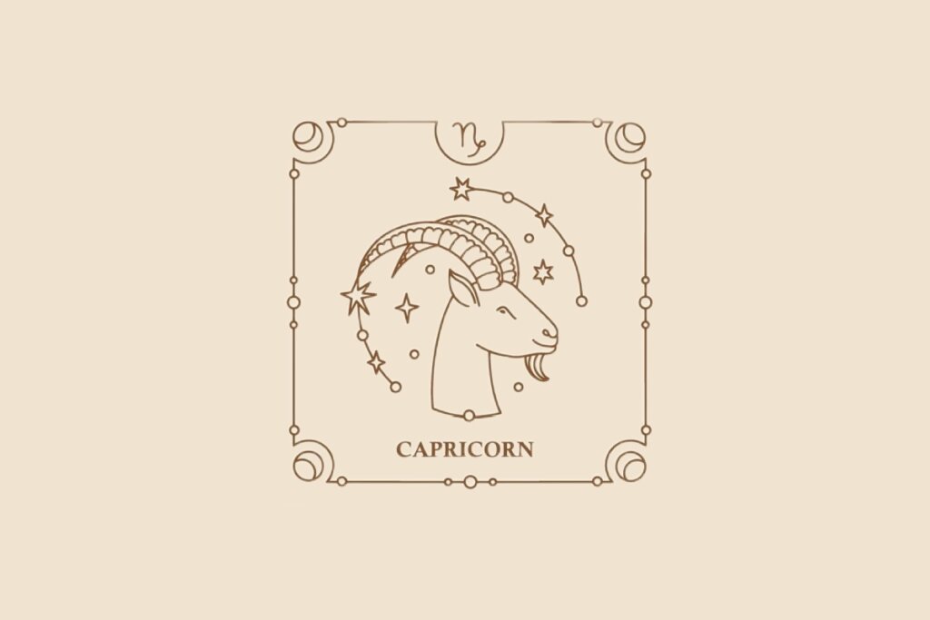 Ilustração do signo de Capricórnio, com a cabeça de uma cabra e chifres longos voltados para trás, cercada por estrelas, em fundo bege