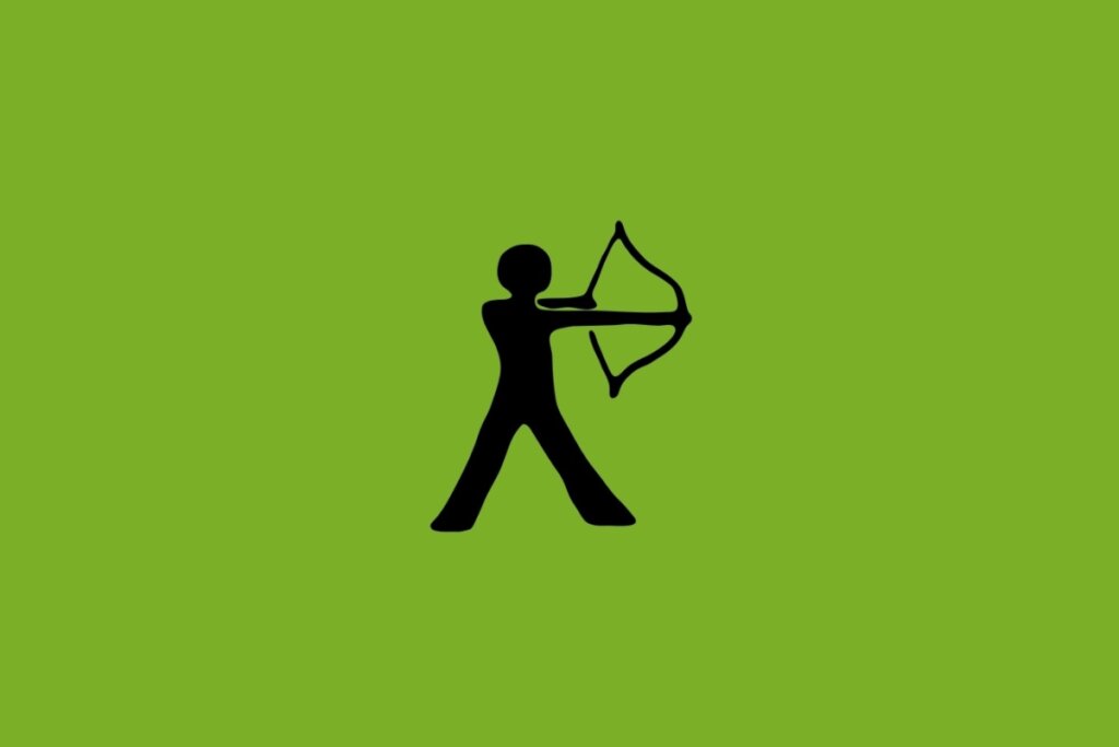 Ilustração do signo de Sagitário com um arqueiro segurando arco e flecha em um fundo verde-militar