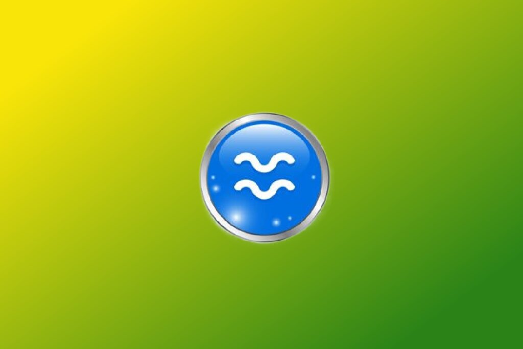 Ilustração do signo de Aquário com duas ondas brancas em círculo azul com borda metálica sobre fundo verde e amarelo