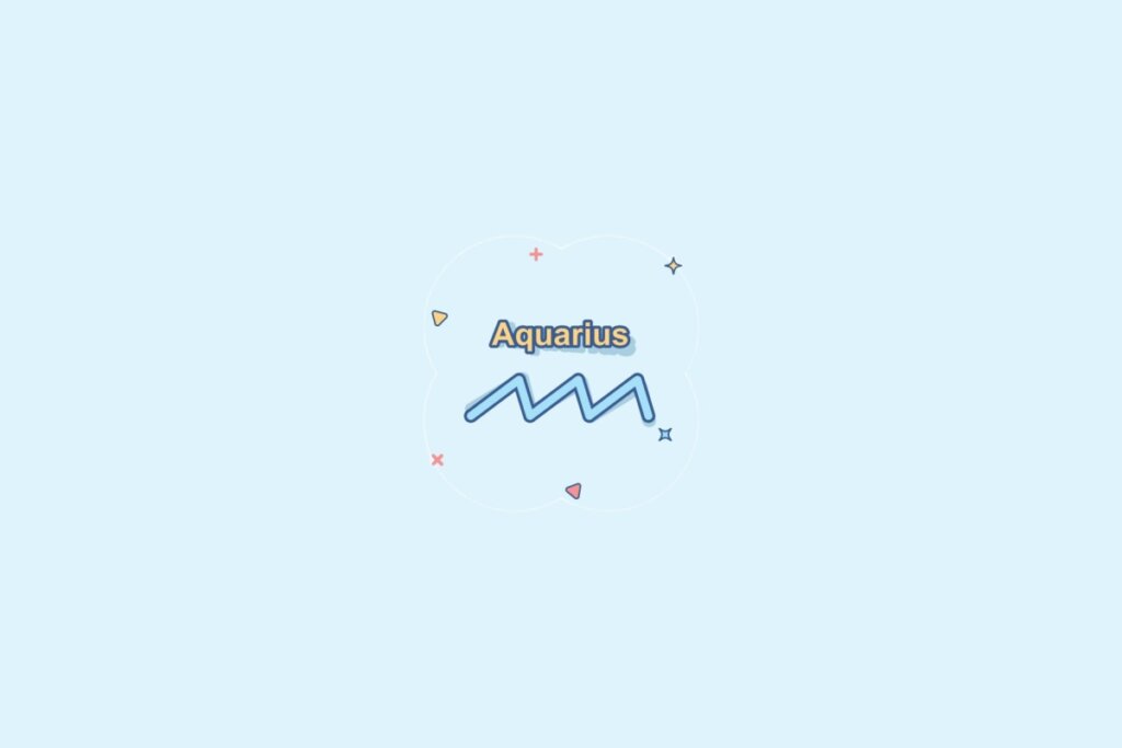 Ilustração do signo Aquário, contendo uma linha representando ondas, em fundo azul-claro.