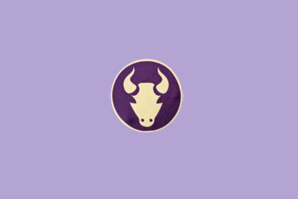 Ilustração minimalista do signo de Touro, com a cabeça de um touro em círculo roxo