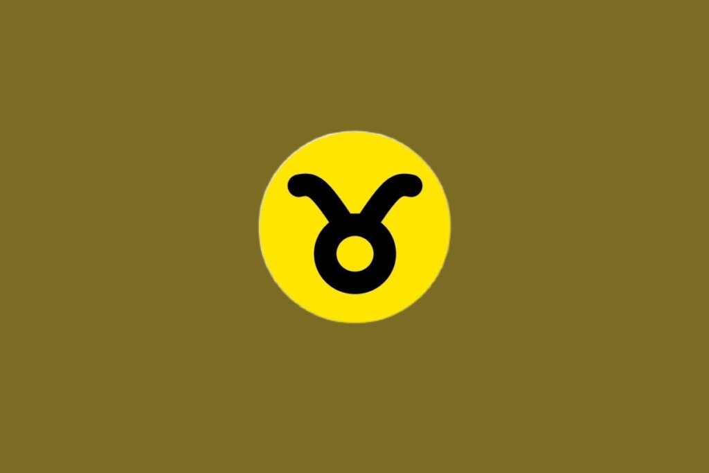 Ilustração do signo de Touro, contendo glifo preto com círculo e dois chifres no topo, em círculo amarelo