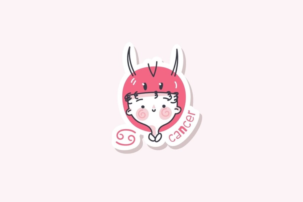 Ilustração do signo de Câncer, contendo uma criança com chapéu vermelho decorado com pinças de caranguejo, em fundo rosa-claro