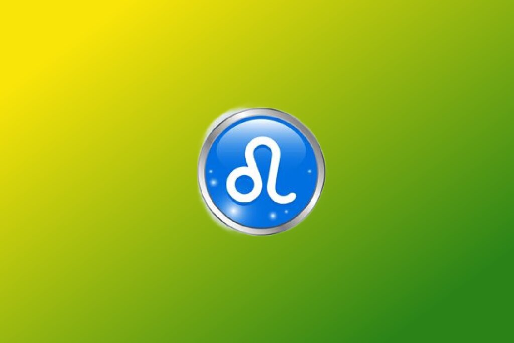 Ilustração do signo de Leão com símbolo branco semelhante a uma cauda em círculo azul com contorno metálico sobre fundo verde e amarelo