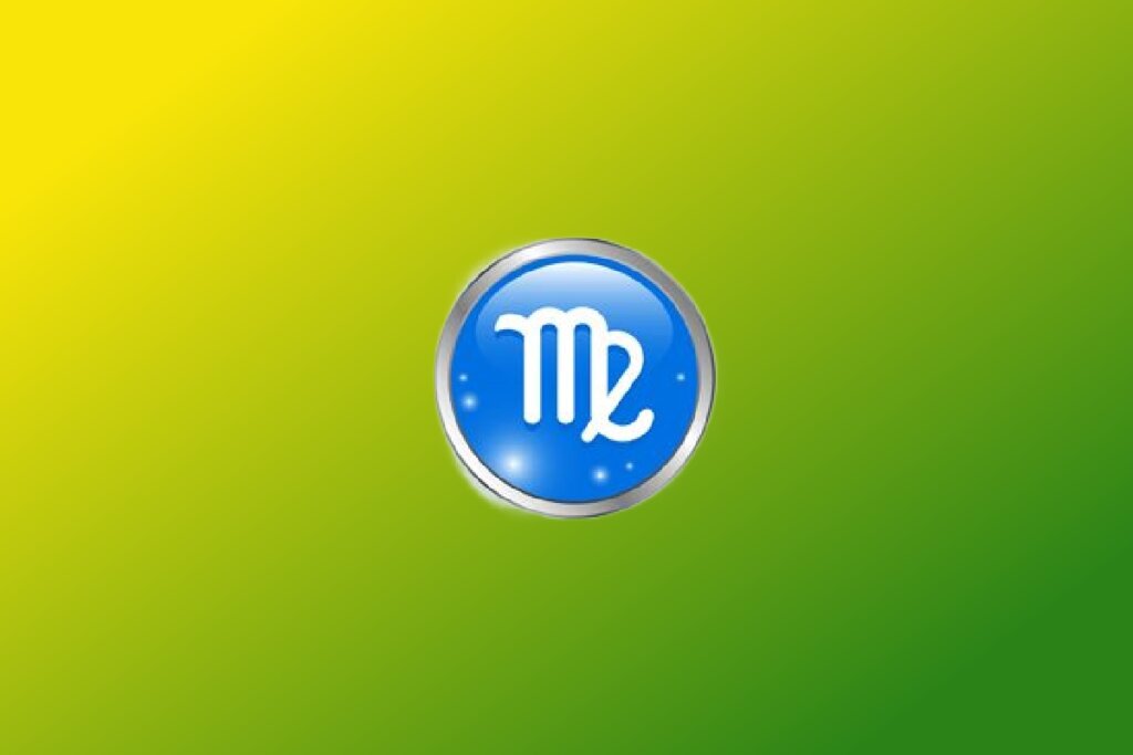 Ilustração do signo de Virgem com símbolo branco curvado semelhante a um M em círculo azul com borda prateada sobre fundo verde e amarelo