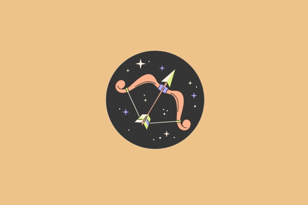 Ilustração do signo de Sagitário, em fundo alaranjado, com um arco e flecha colorido apontando para cima