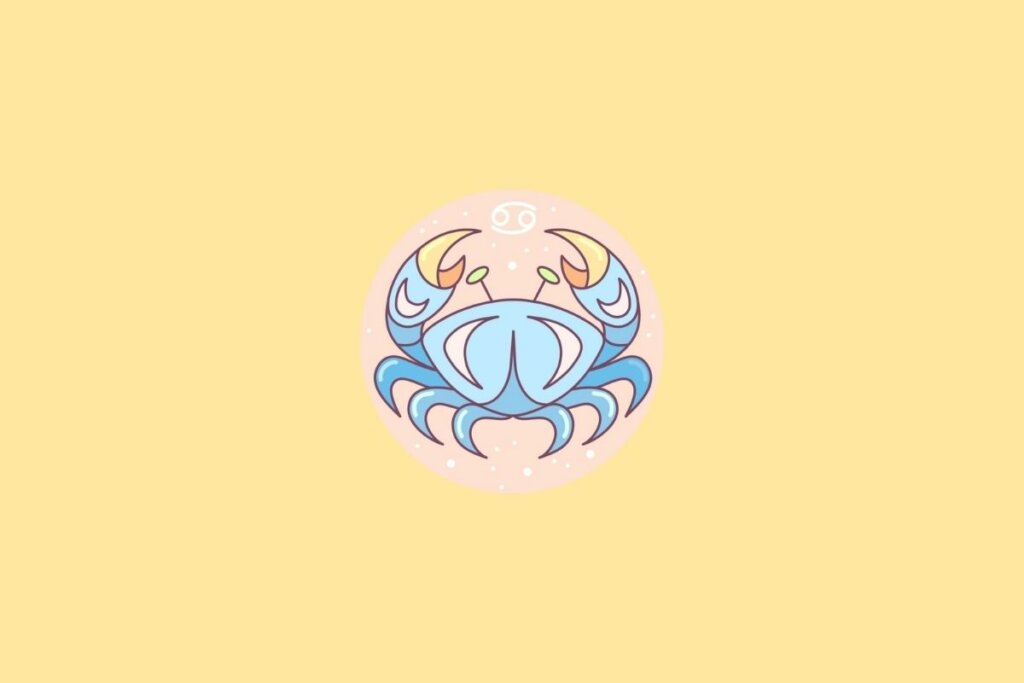 Ilustração do signo de Câncer em um círculo em cima de um fundo laranja