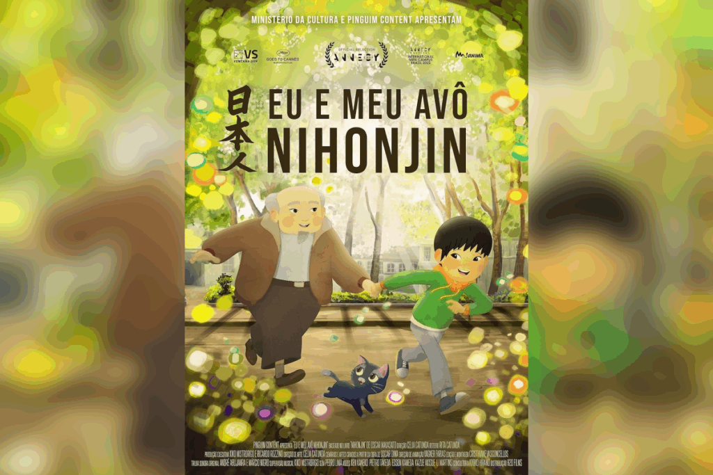 Pôster da animação “Eu e Meu Avô Nihonjin” com um menino e seu avô de mãos dadas correndo em um parque, acompanhados de um gato preto