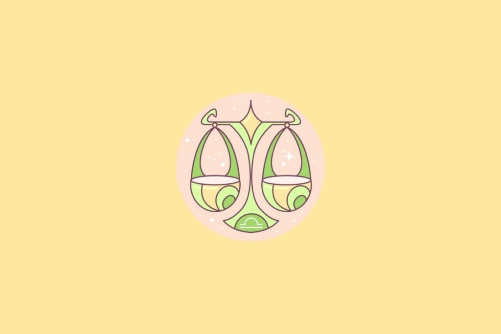 Ilustração do signo de Libra em um círculo em cima de um fundo laranja