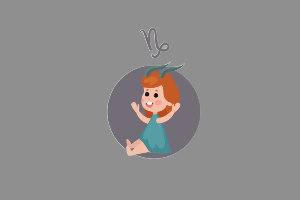 Ilustração do signo de Capricórnio, contendo uma criança ruiva com pequenos chifres e vestido azul esverdeado